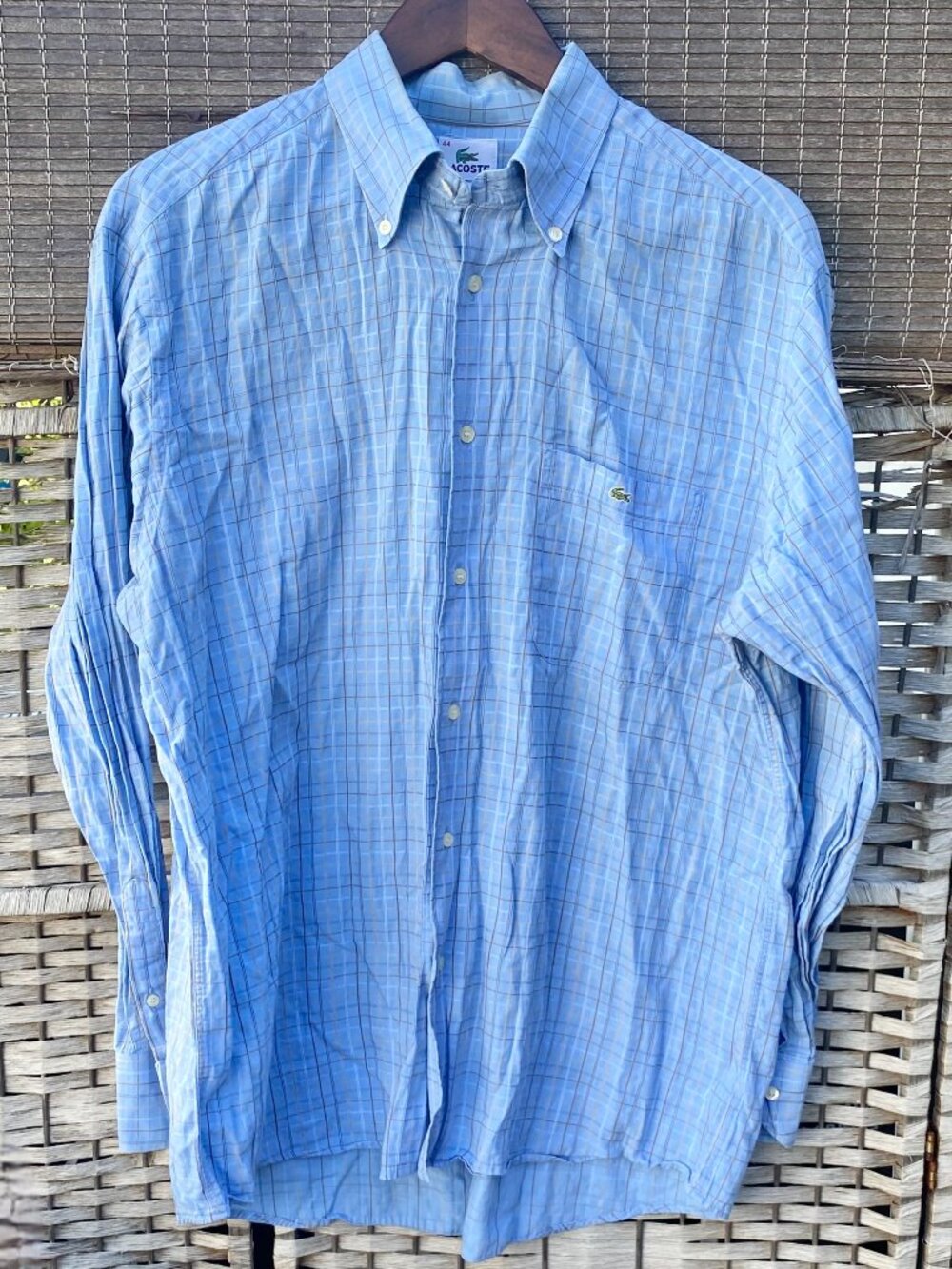 Lacoste 100% Cotton Made in France XL Light Blue Plaid Button Up Shirt